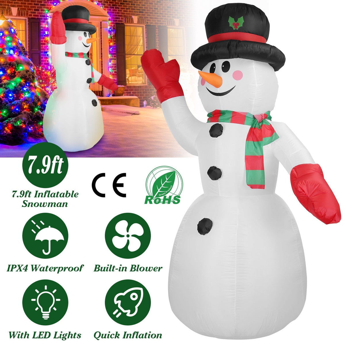 7.9 ft Christmas Inflatable Giant Snowman Blow up Light up Snowman with LED Lights Hat Scarf IPX4
