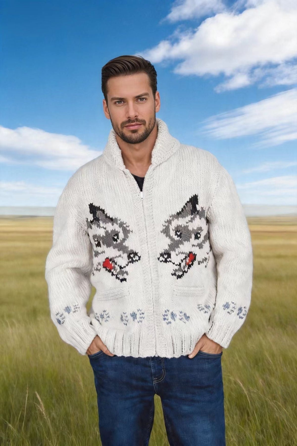 Men's Fox-Pattern Zip-Up Jacquard Cardigan
