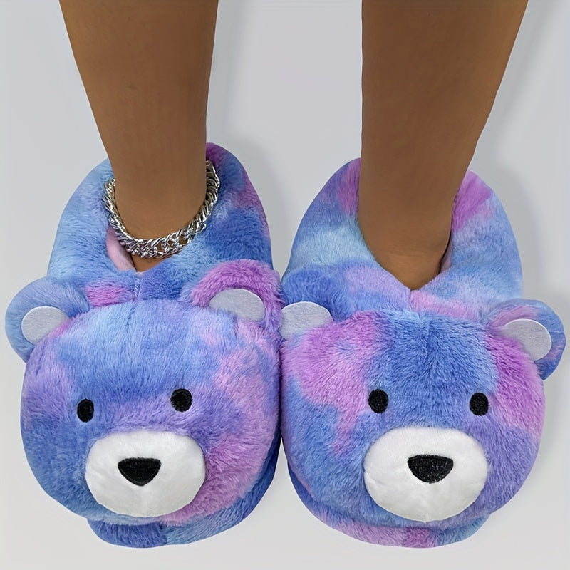 Polar Bear Plush Slippers — Blue & Purple Tie-Dye