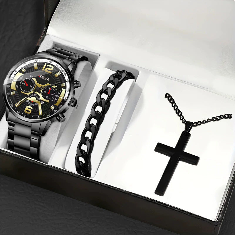 Men's Watch, Cross Necklace & Bracelet Set
