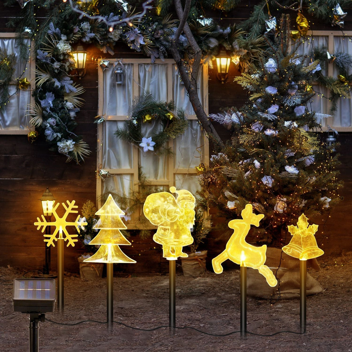 5Pcs Mixed Christmas Decoration Light Solar Stake Light Waterproof Reindeer Snowflake Bell