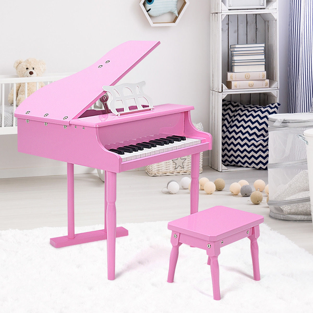 Kids’ 30-Key Mini Grand Piano with Bench — Pink