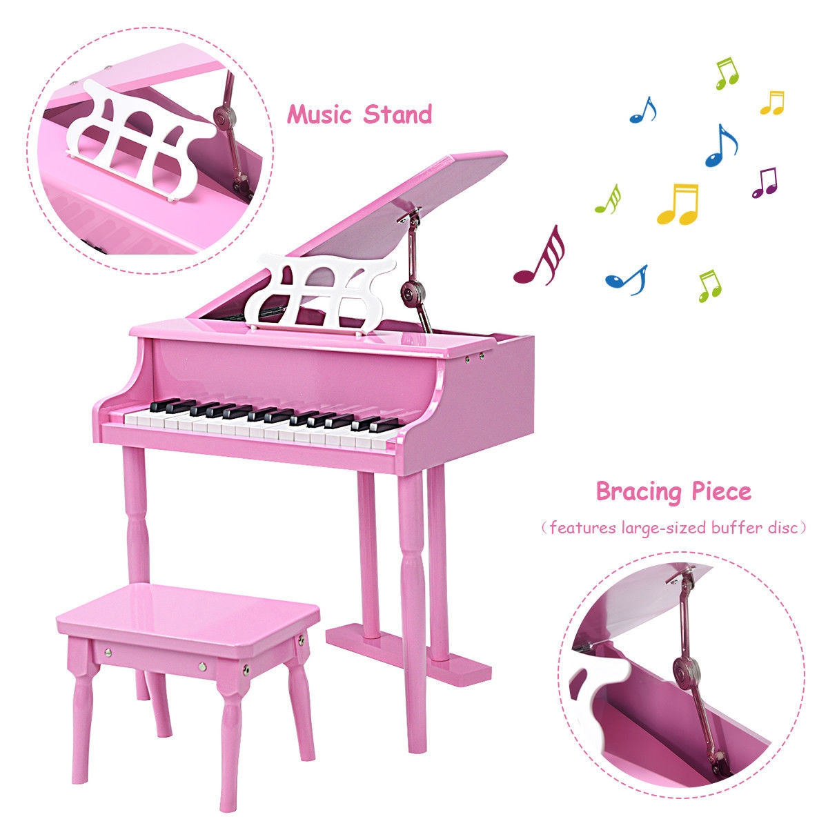 Kids’ 30-Key Mini Grand Piano with Bench — Pink
