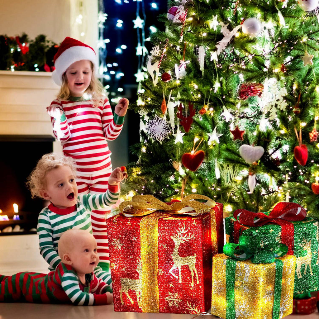 Set of 3 Christmas Lighted Gift Boxes Christmas Present Ornament 50 LED Christmas Box Decorations