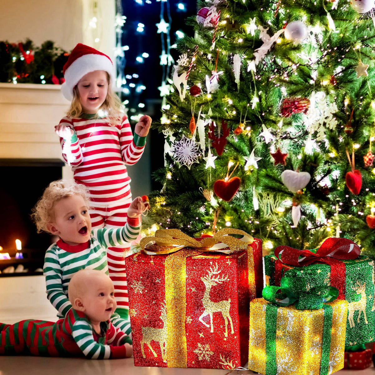 Set of 3 Christmas Lighted Gift Boxes Christmas Present Ornament 50 LED Christmas Box Decorations