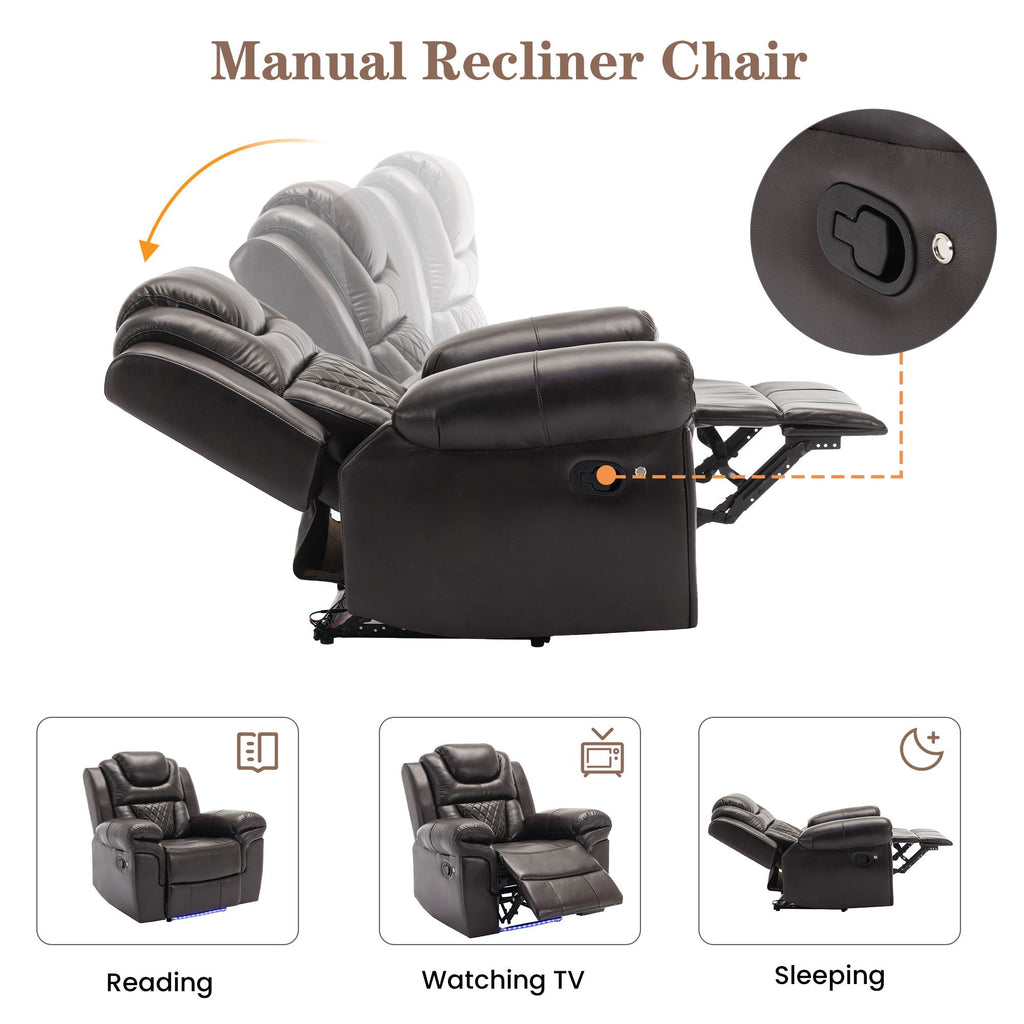 3 Pieces Recliner Sofa Sets Home Theater Seating Manual Recliner Chair With Center Console And LED Light Strip For Living Room