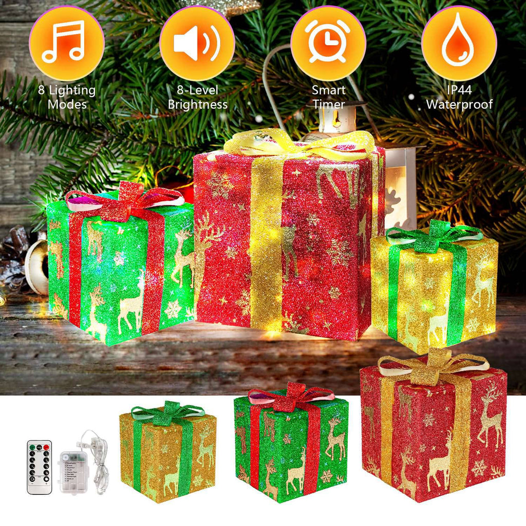 Set of 3 Christmas Lighted Gift Boxes Christmas Present Ornament 50 LED Christmas Box Decorations