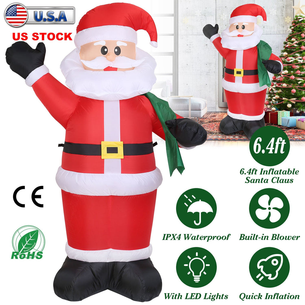 6.4ft Inflatable Christmas Giant Santa Claus Blow up Light up Santa Claus with LED Lights Gift Bag