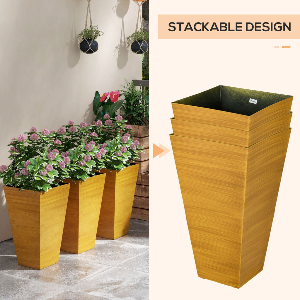 Outsunny Large Faux-Wood Tapered Planters – Set of 3