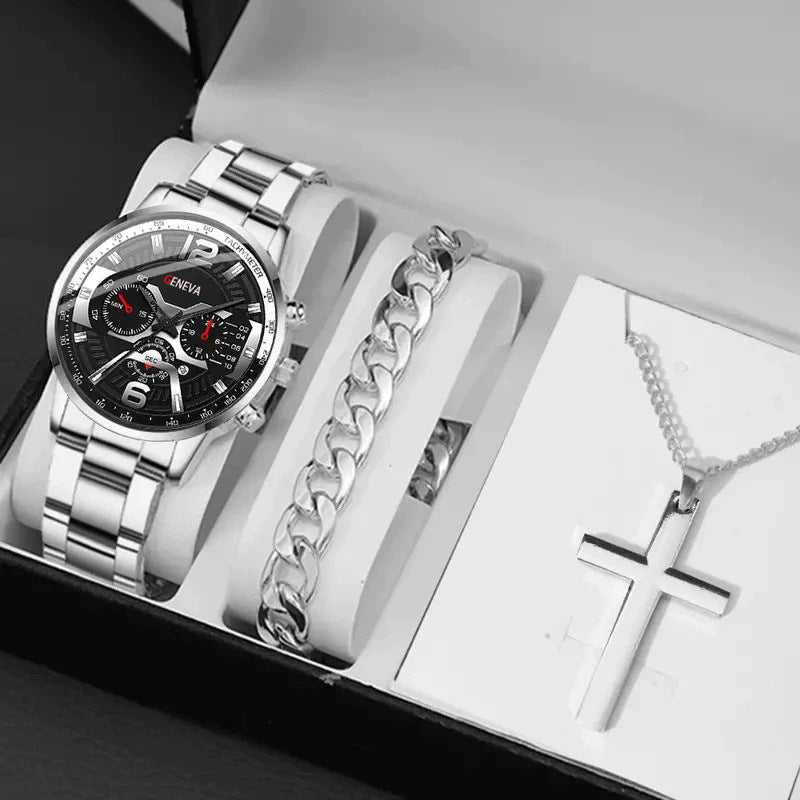 Men's Watch, Cross Necklace & Bracelet Set