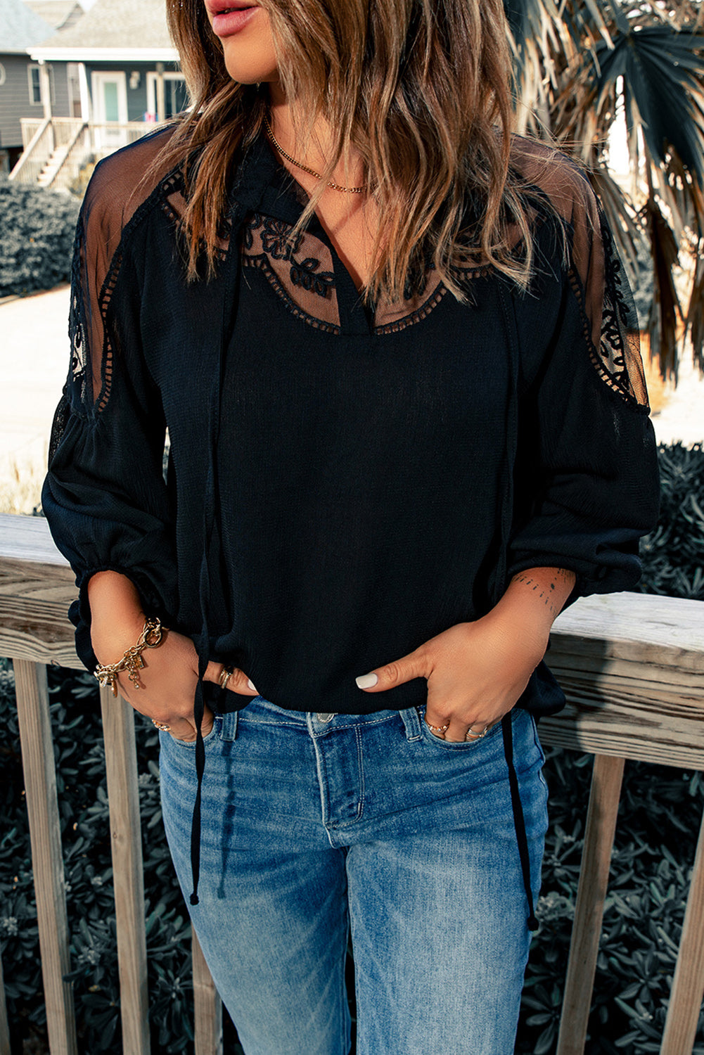Lace-Detail Tie-Neck Blouse