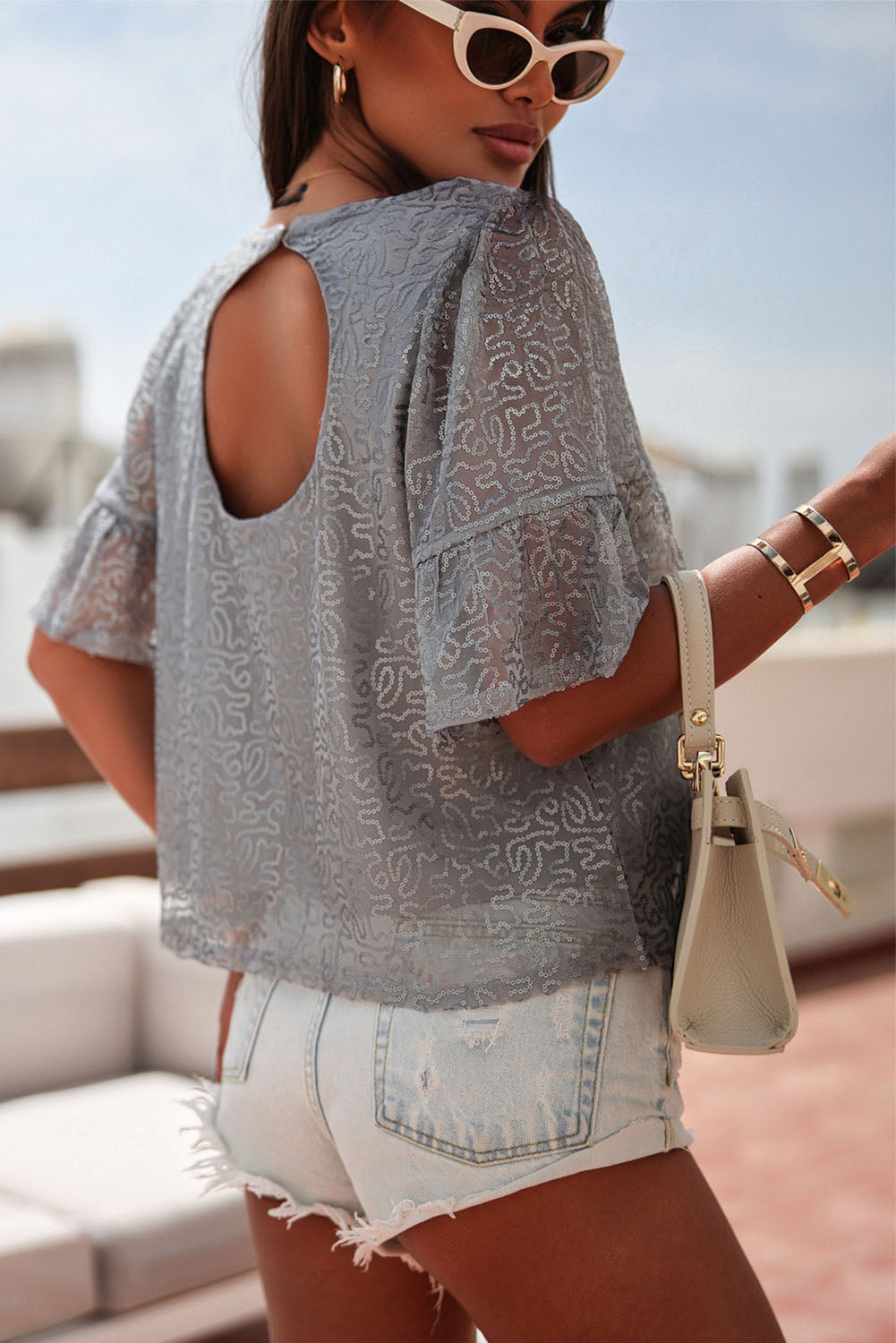 Women's Sequin Ruffle-Sleeve Blouse
