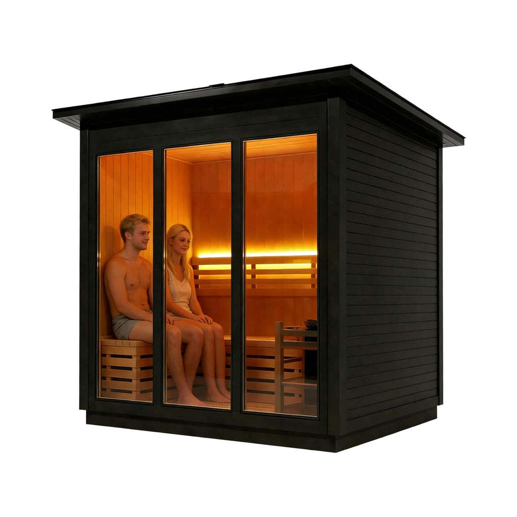 Custom 8-Person Luxury Canadian Hemlock Outdoor Steam Sauna With Double-Backed Bench, Heater And Stones [Made-To-Order] (SAK95107)