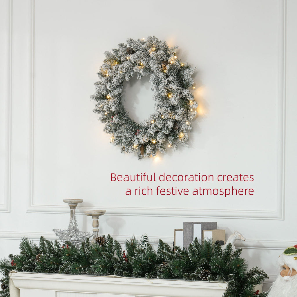 24-Inch Pre-Lit Flocked Christmas Wreath with Pinecones & Berries