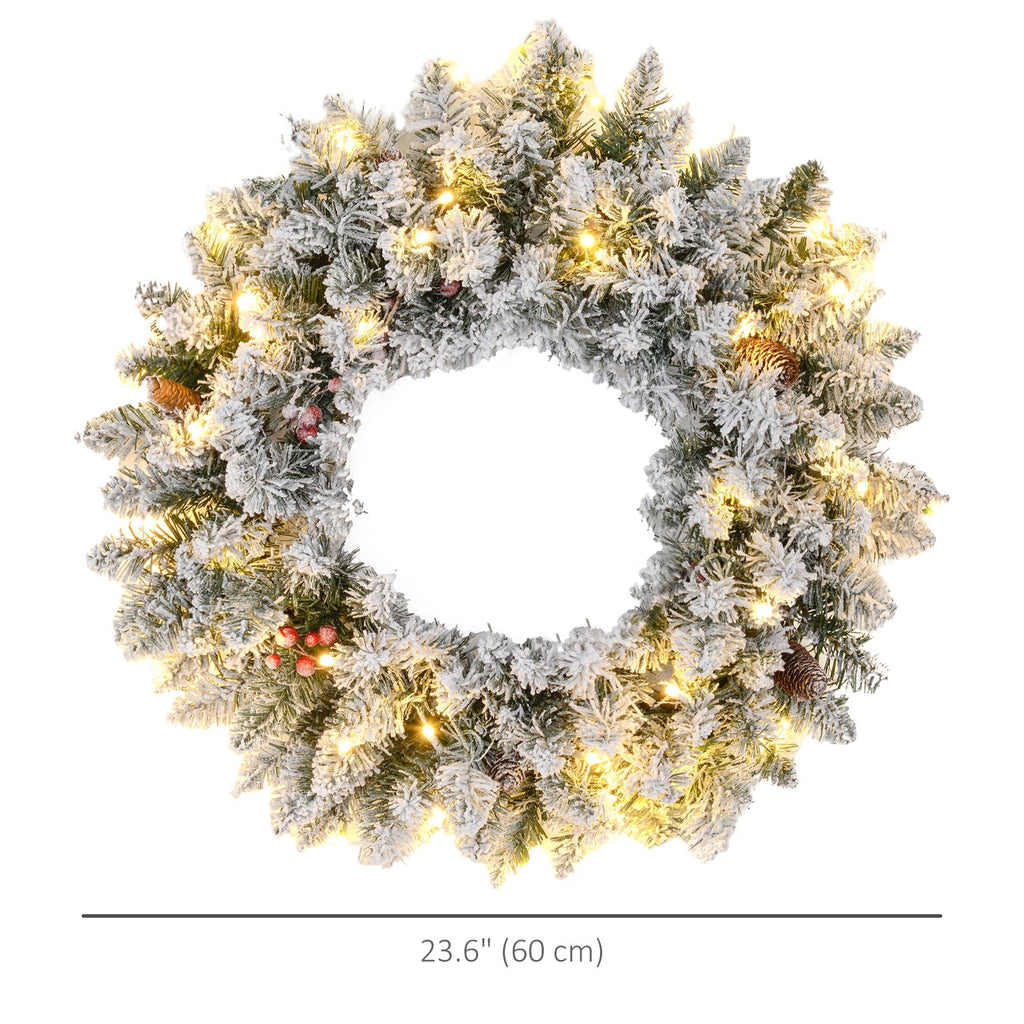 24-Inch Pre-Lit Flocked Christmas Wreath with Pinecones & Berries