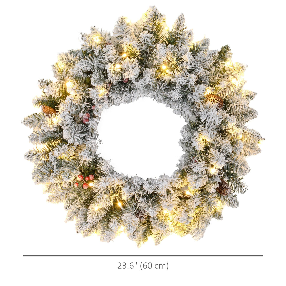 24-Inch Pre-Lit Flocked Christmas Wreath with Pinecones & Berries