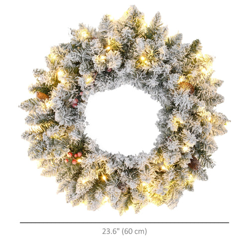 24-Inch Pre-Lit Flocked Christmas Wreath with Pinecones & Berries