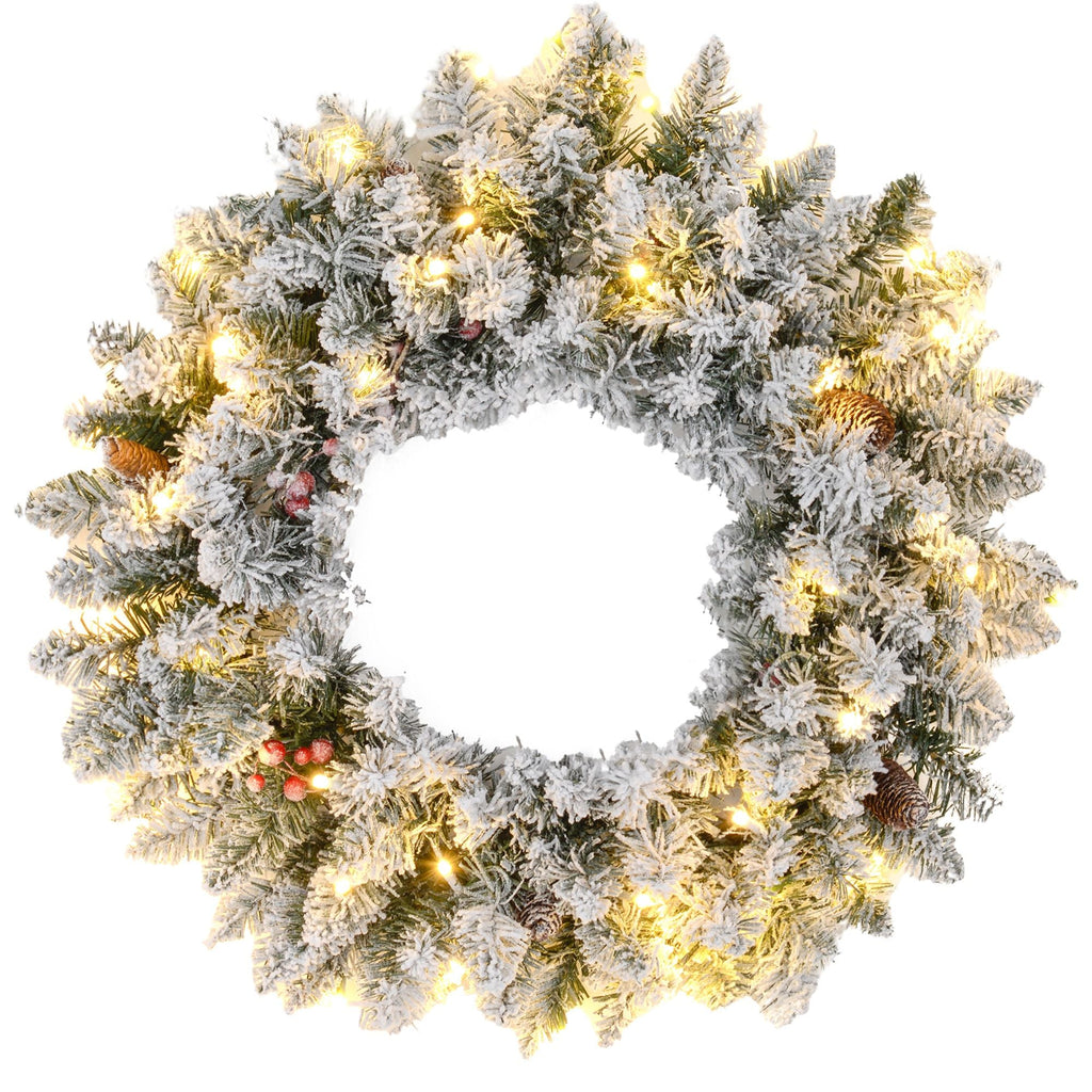 24-Inch Pre-Lit Flocked Christmas Wreath with Pinecones & Berries