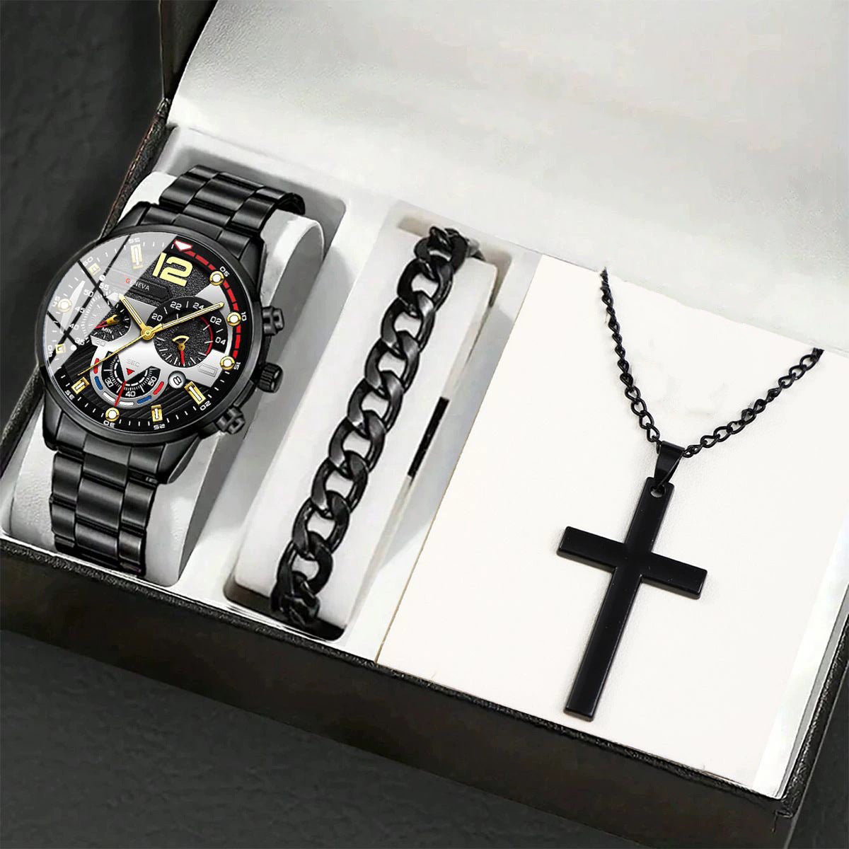Men's Watch, Cross Necklace & Bracelet Set