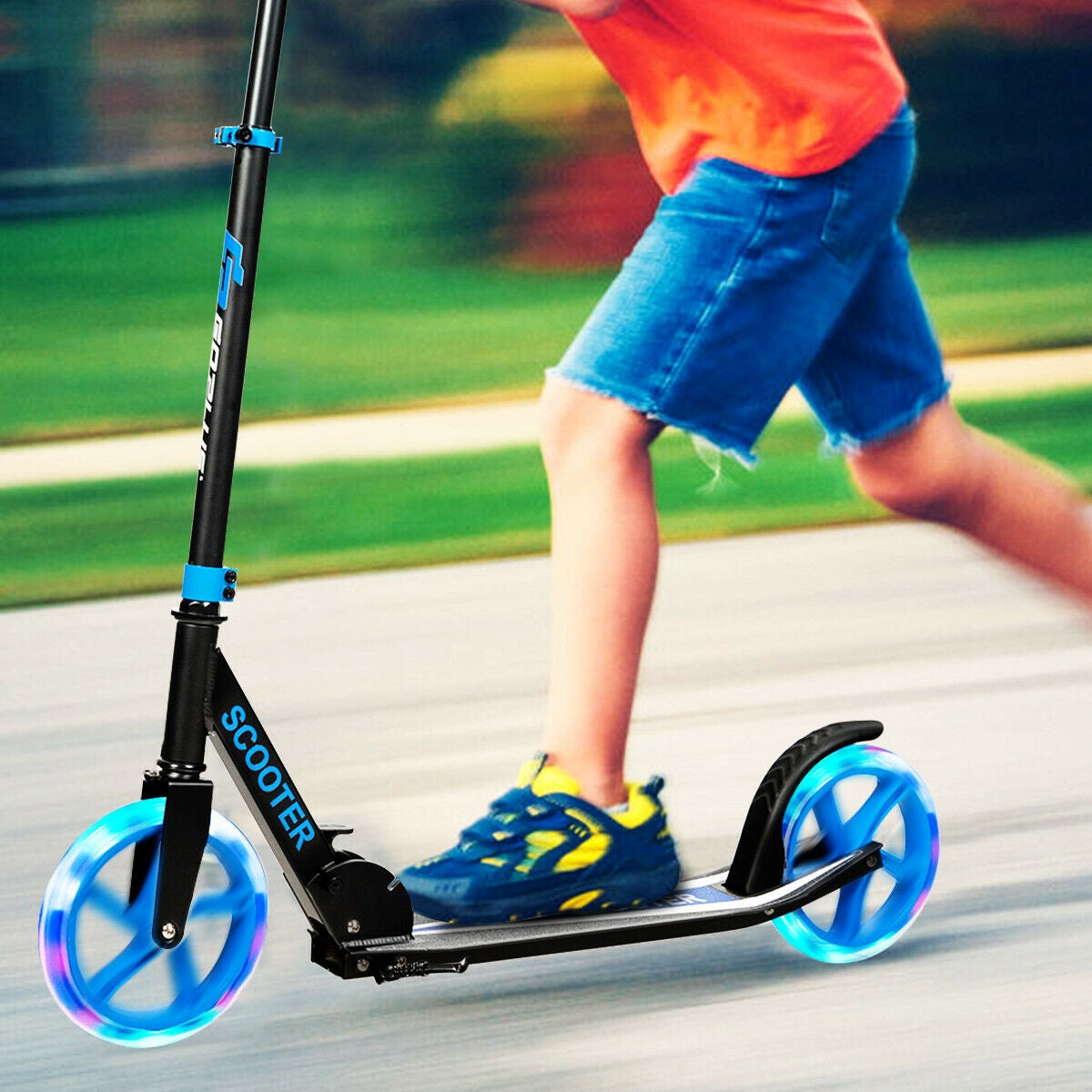 Blue Folding Kick Scooter with LED Wheels
