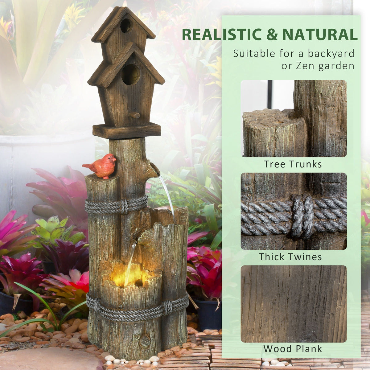 Outsunny 3-Tier Rustic Birdhouse Waterfall Garden Fountain