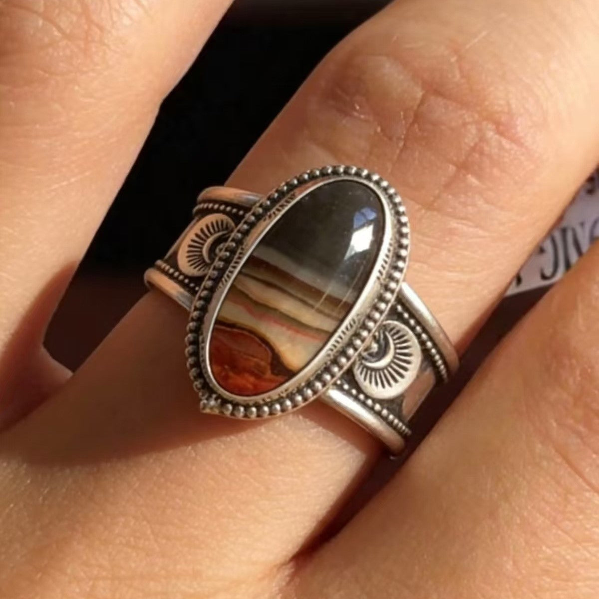 Bohemian Silver-Plated Faux Agate Ring