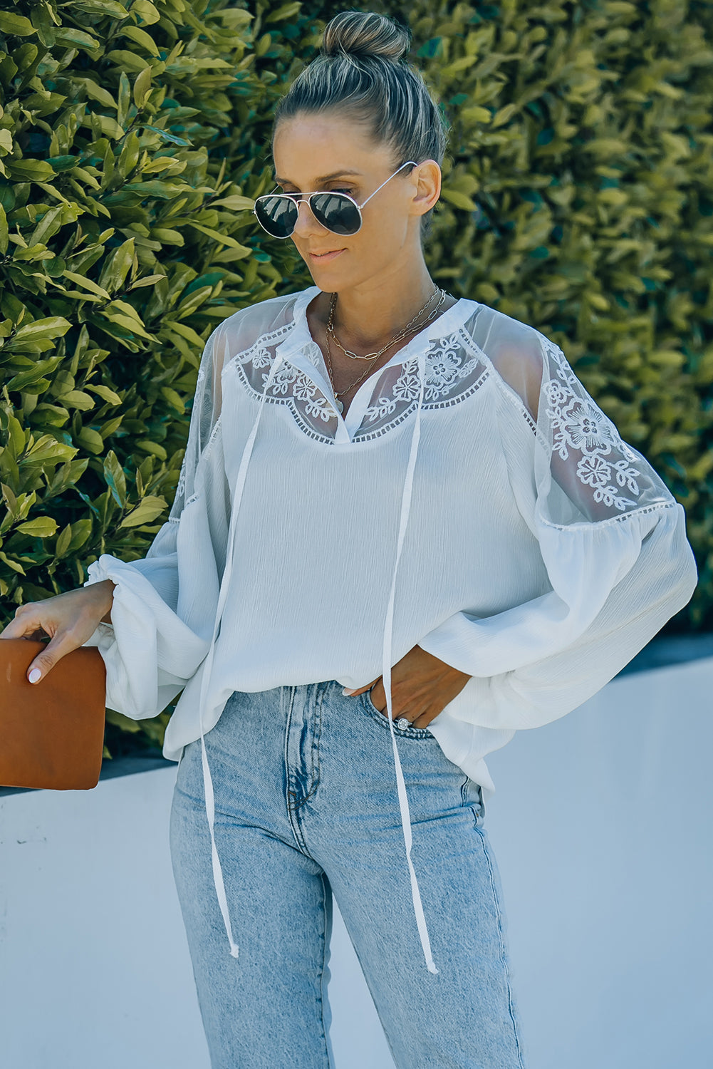Lace-Detail Tie-Neck Blouse