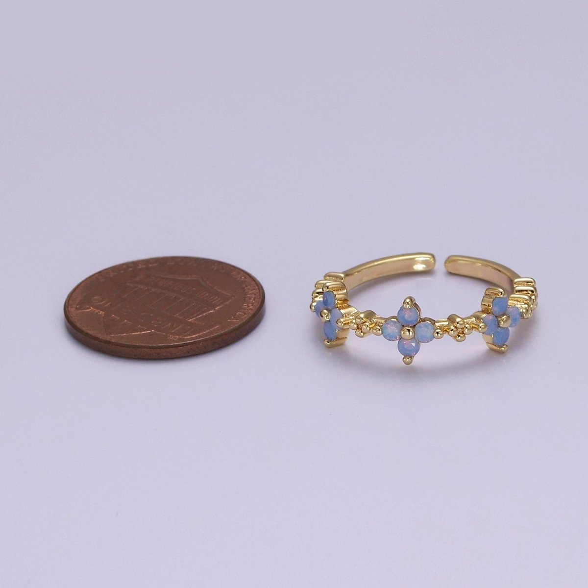 Adjustable Blue Opal Flower Ring with Gold-Filled Band