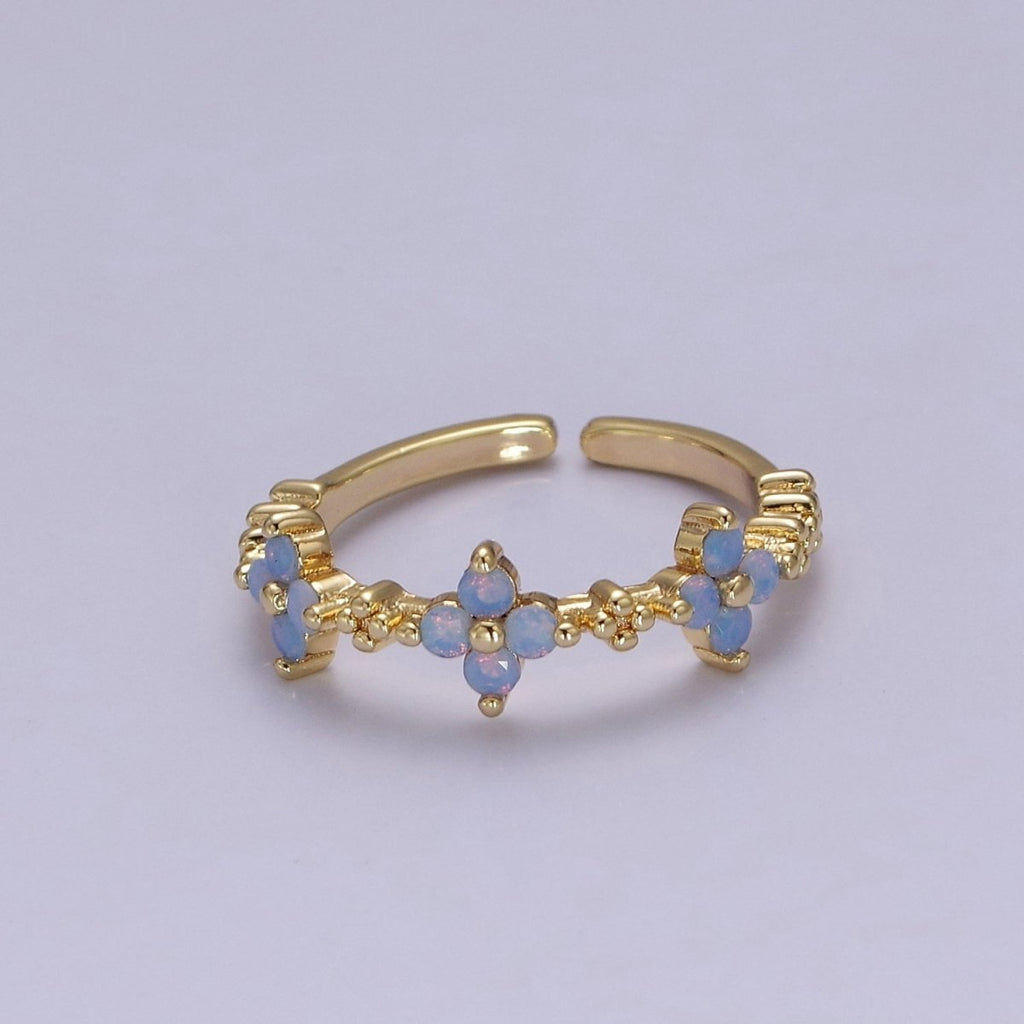 Adjustable Blue Opal Flower Ring with Gold-Filled Band