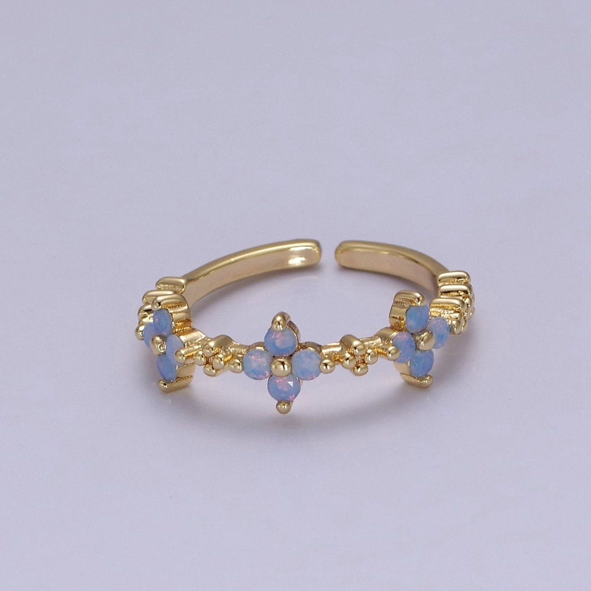 Adjustable Blue Opal Flower Ring with Gold-Filled Band