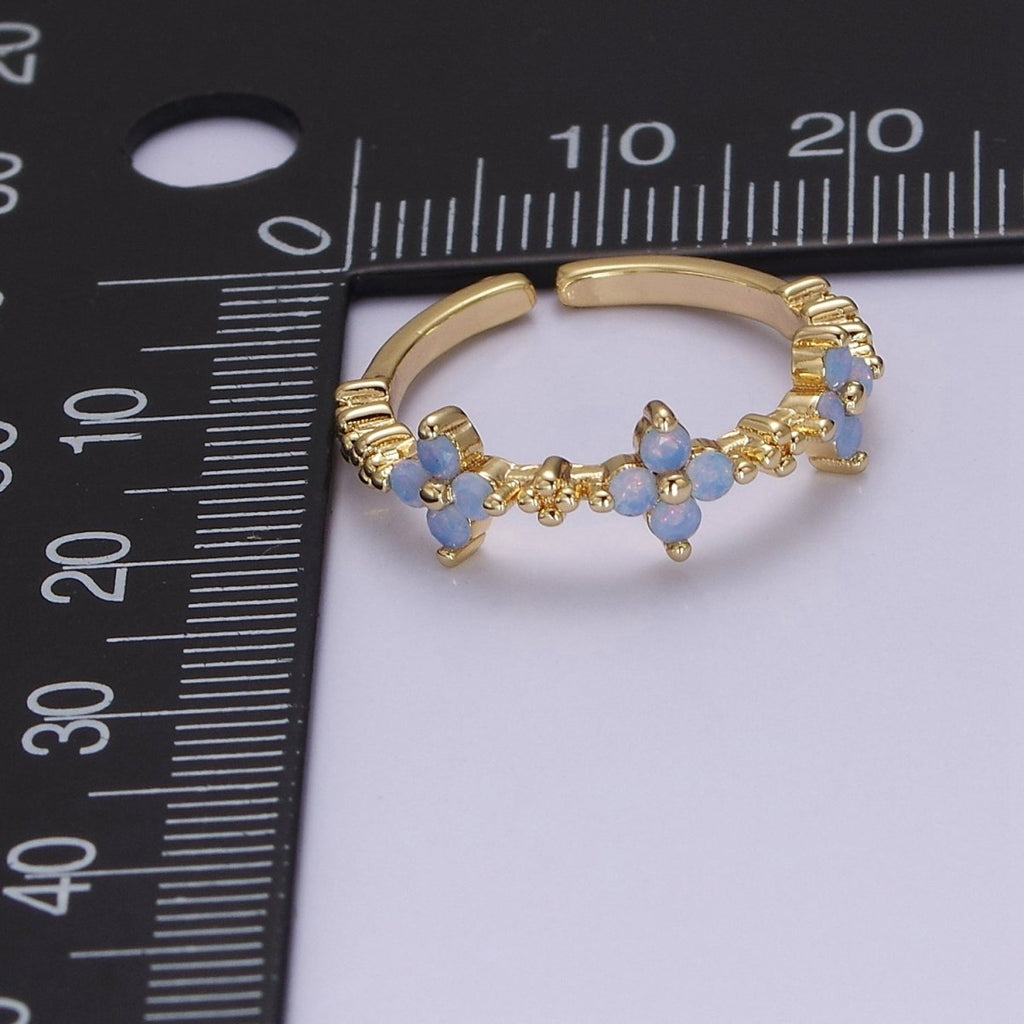 Adjustable Blue Opal Flower Ring with Gold-Filled Band
