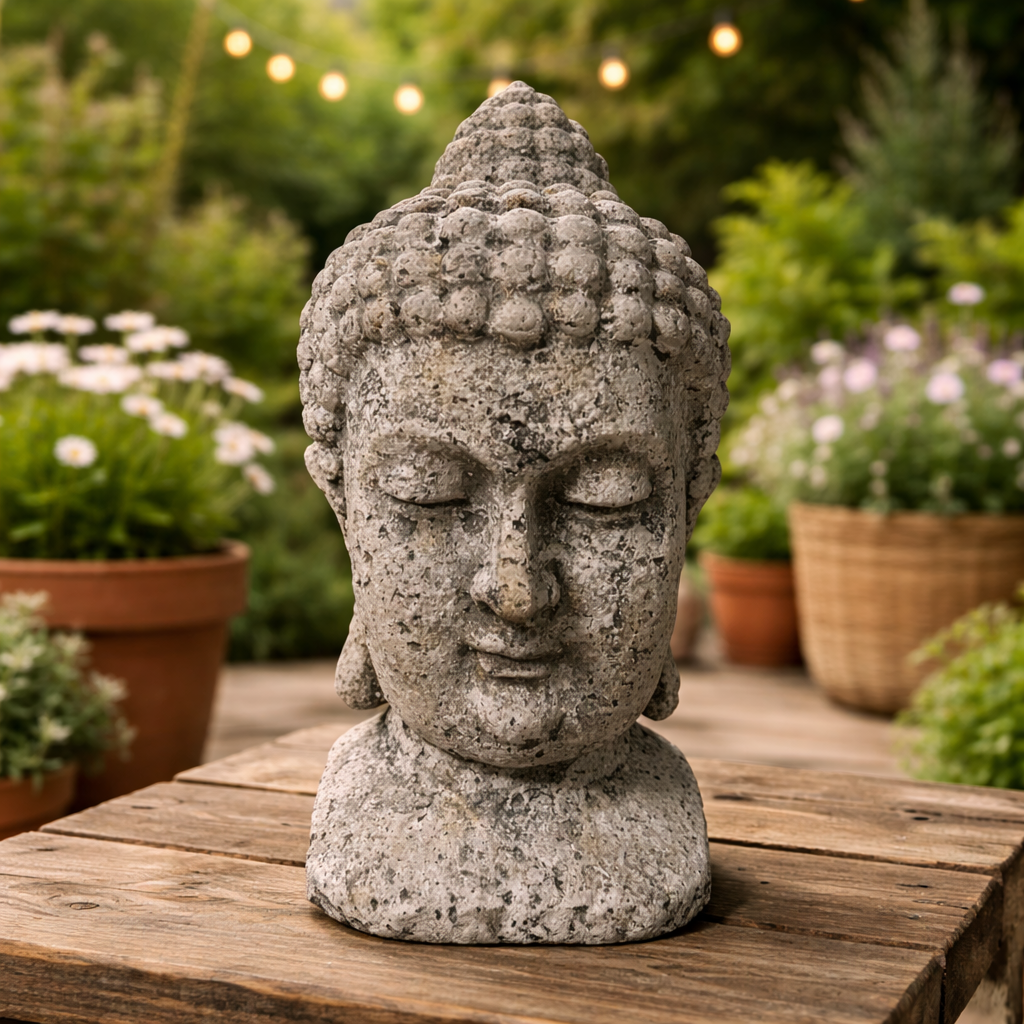 Cement Buddha Head Garden Statue – 19-Inch