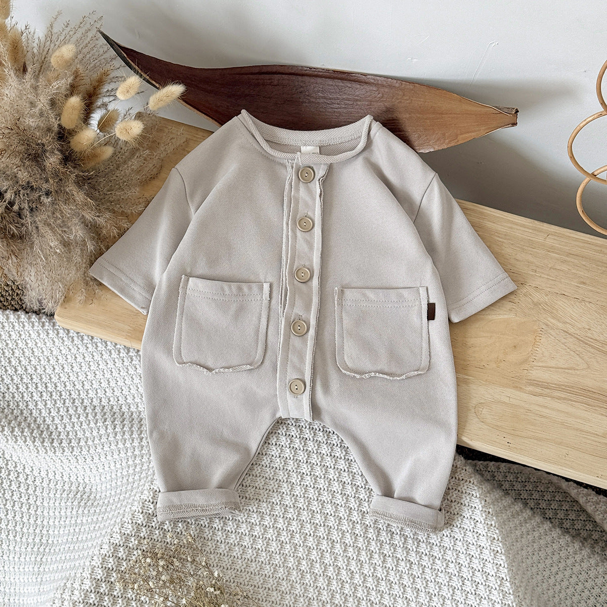Baby Apricot Cotton Knit Button-Front Romper