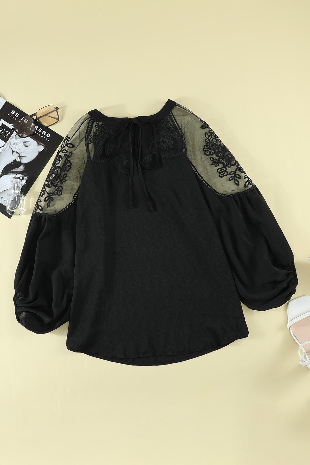 Lace-Detail Tie-Neck Blouse