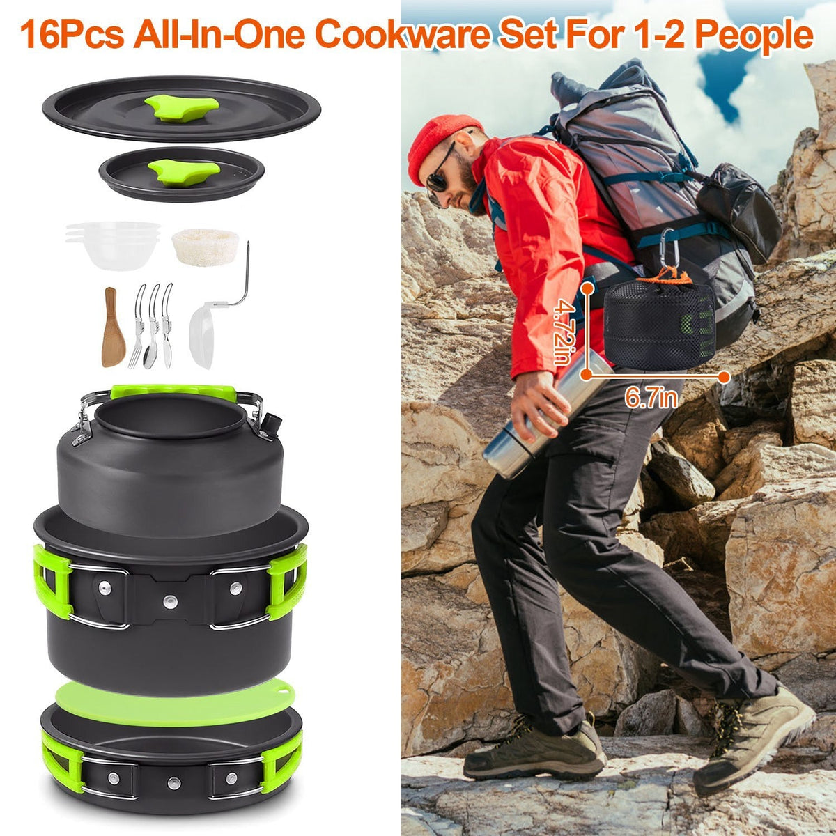 16-Piece Aluminum Camping Cookware Set with Pot, Pan & Kettle