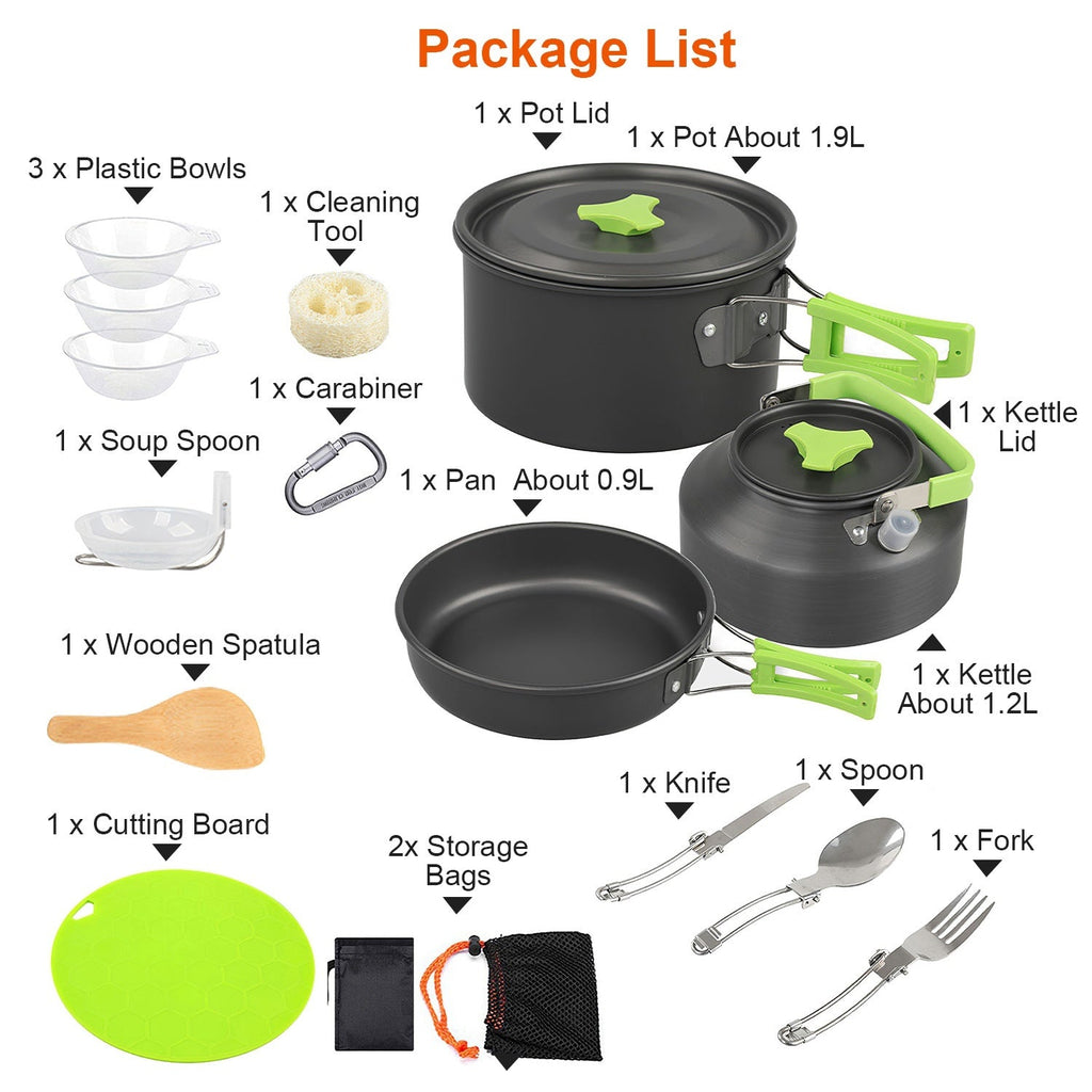 16-Piece Aluminum Camping Cookware Set with Pot, Pan & Kettle