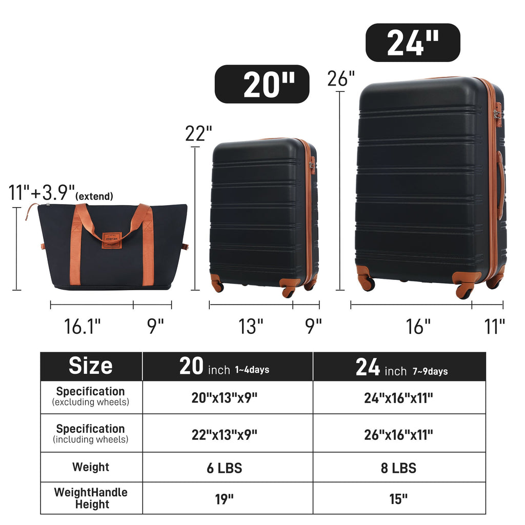 Hardshell Spinner Luggage Set with Travel Bag — 20 & 24 in, TSA Lock
