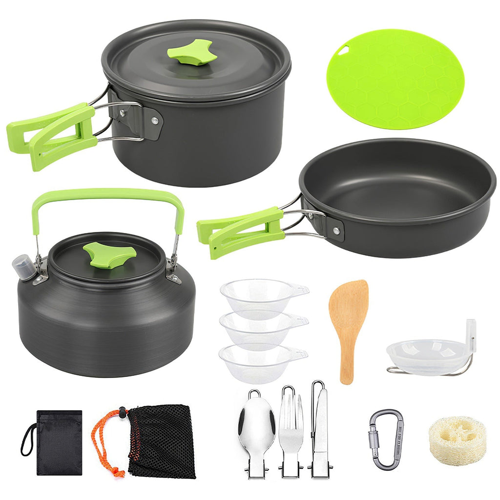 16-Piece Aluminum Camping Cookware Set with Pot, Pan & Kettle