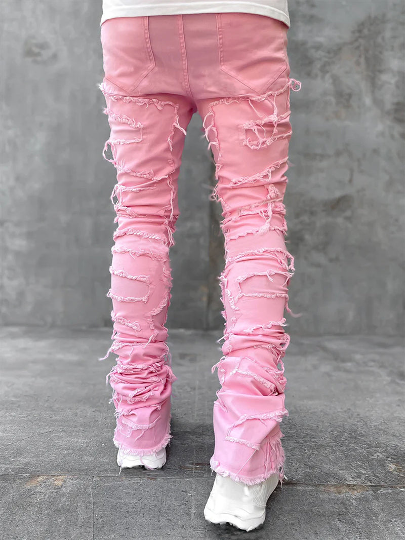 Men's Distressed Patchwork Stacked Jeans