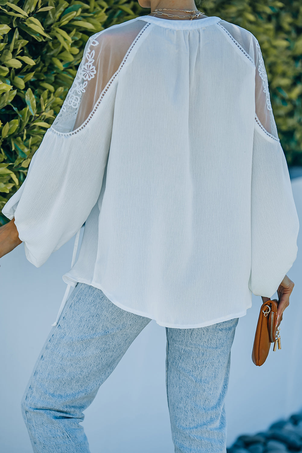 Lace-Detail Tie-Neck Blouse