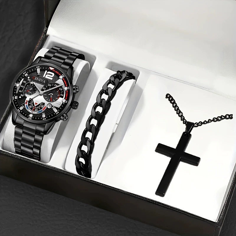 Men's Watch, Cross Necklace & Bracelet Set