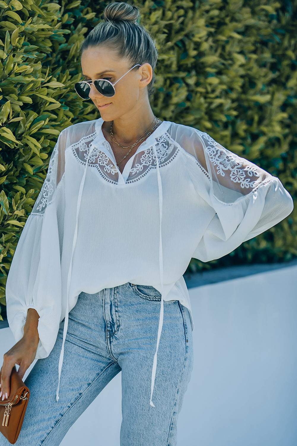 Lace-Detail Tie-Neck Blouse