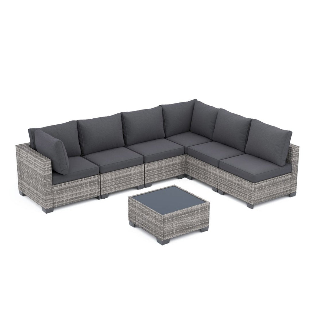 7-Piece Outdoor Patio Furniture Set, All-Weather Wicker Rattan Sectional Sofa With Thick Cushions & Glass Table, Modular Patio Conversation Furniture For Backyard, Poolside & Garden -Grey-Grey