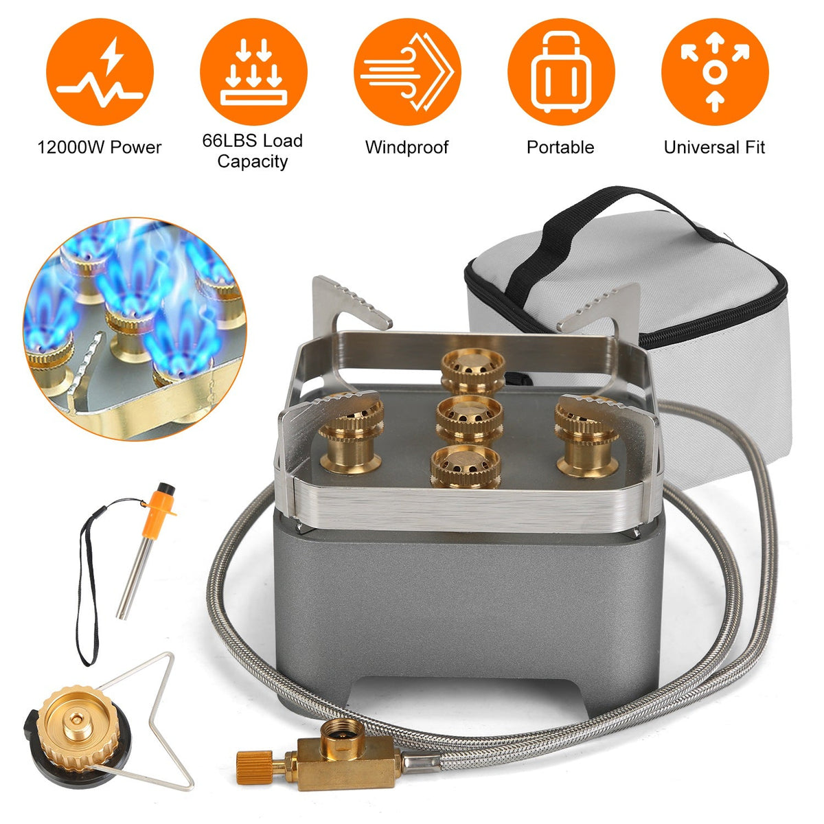 12,000W Portable Camping Stove with Cassette Adapter & Carry Case