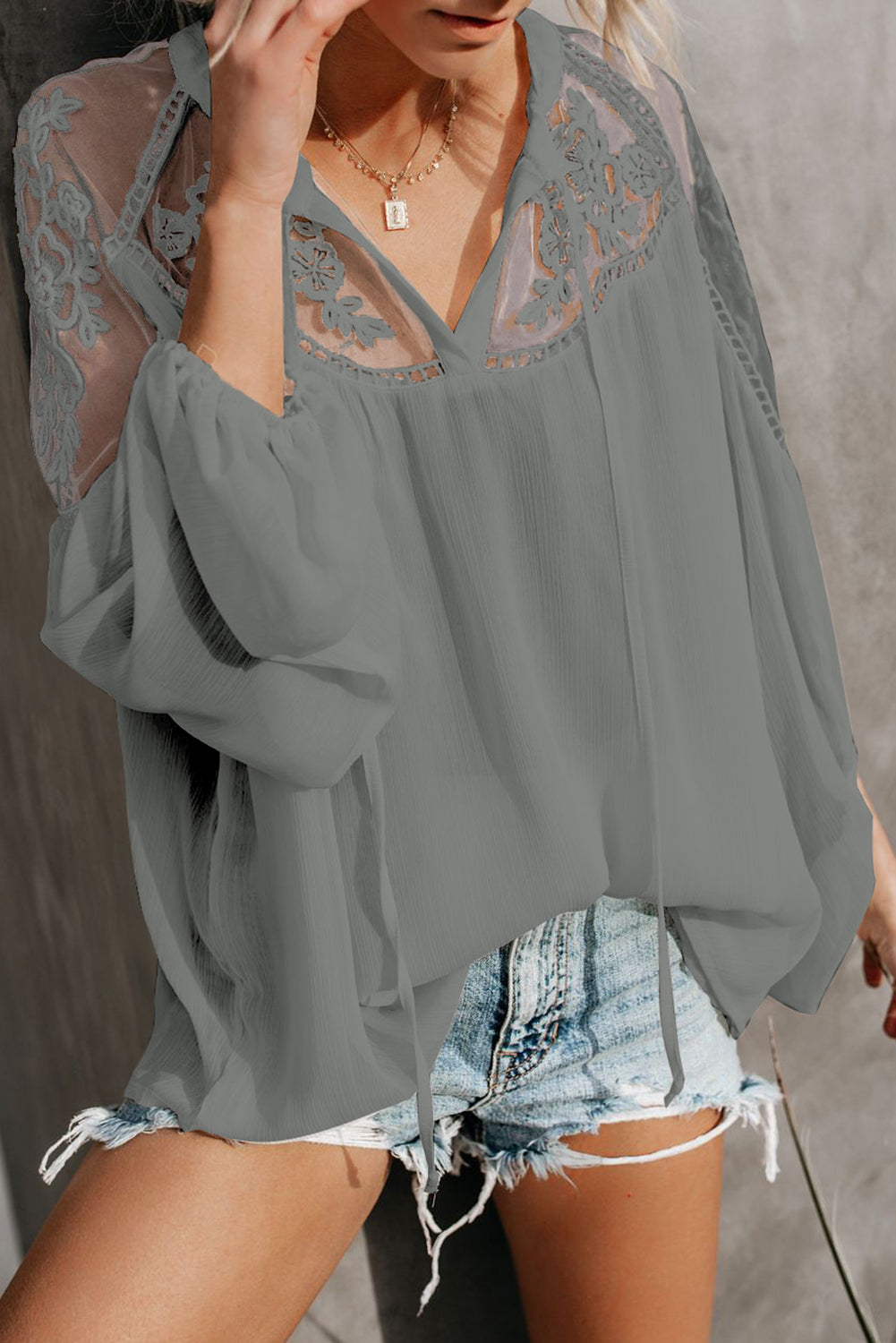 Lace-Detail Tie-Neck Blouse