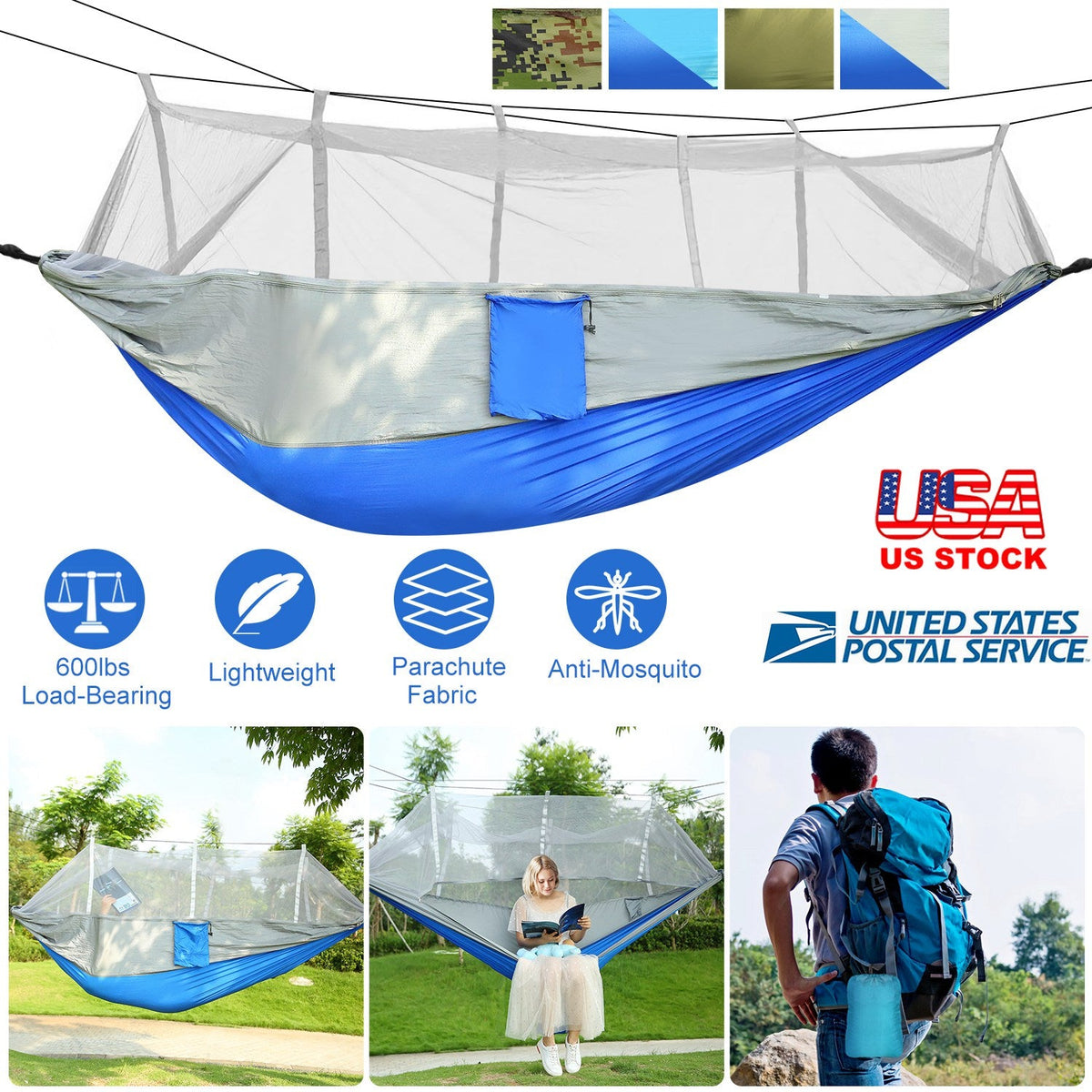 2-Person Camping Hammock with Mosquito Net — 600 lb Capacity