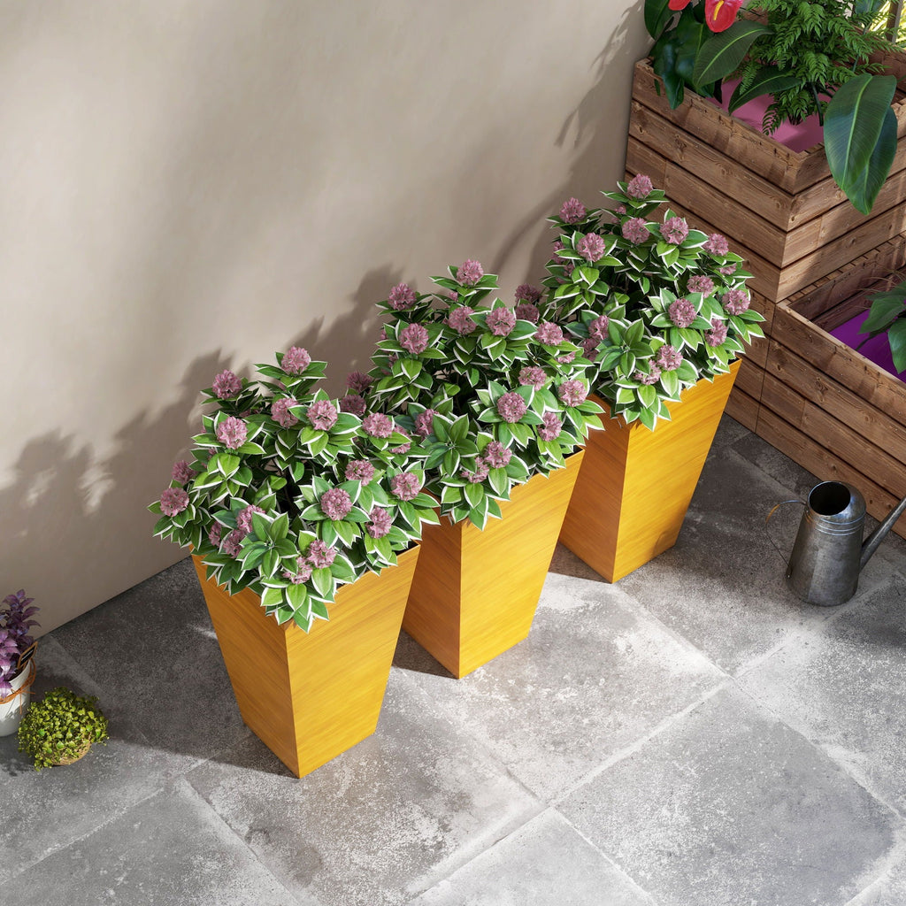 Outsunny Large Faux-Wood Tapered Planters – Set of 3