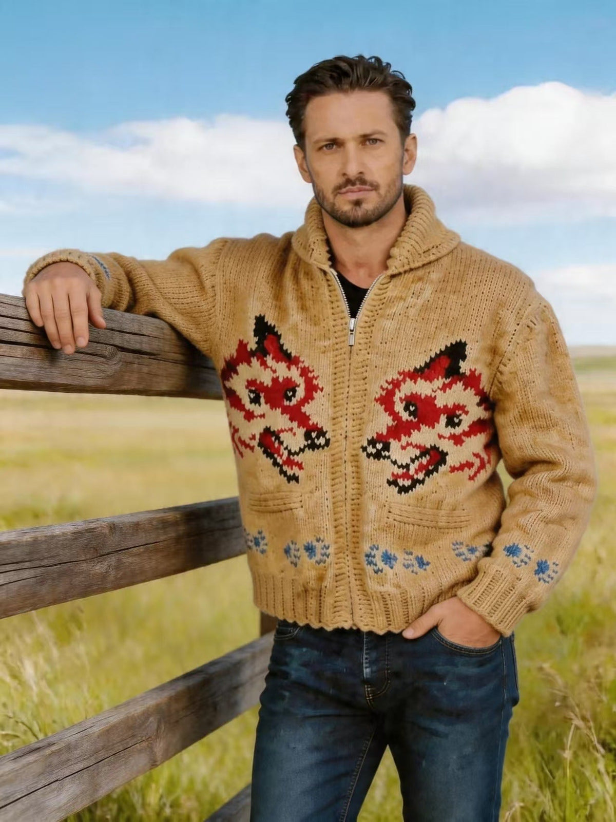Men's Fox-Pattern Zip-Up Jacquard Cardigan