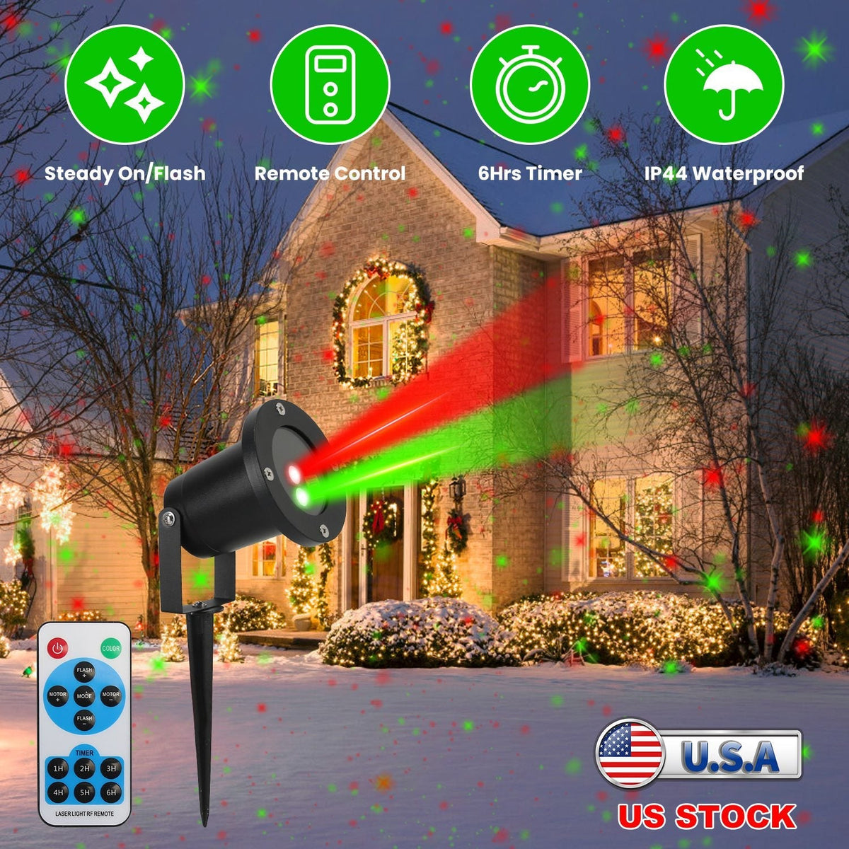 Outdoor Laser Projector Light Red and Green Projection Light with 3 Modes 12 Speeds 6Hrs Timer