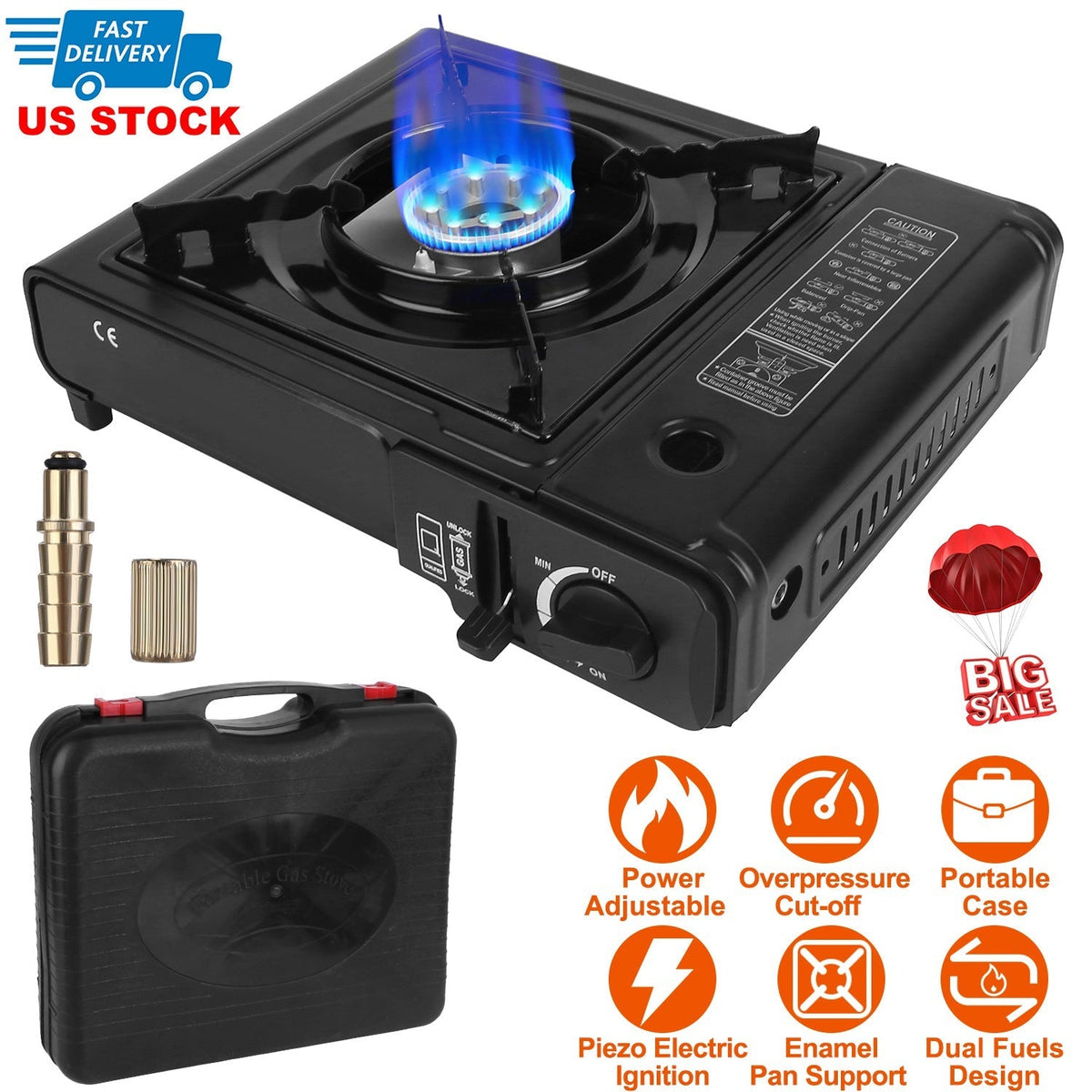 3300W Dual-Fuel Portable Camping Stove with Piezo Ignition
